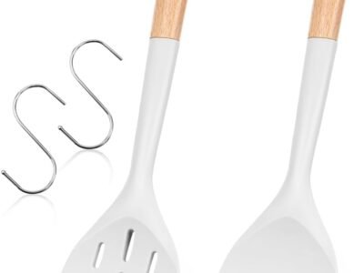 Silicone Spatula with Wooden Handle – Non-Stick Turner, Heat Resistant, Flexible Edge, 2-Pack, White