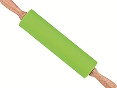 Silicone Rolling Pin 9" with Wooden Rotatable Handle – Green, for Baking Bread, Cookie, Pizza