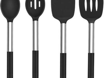 4-Piece Silicone Kitchen Utensil Set – Spatula, Spoon, Slotted Turner, Solid Turner, Stainless Steel Handles, Dishwasher Safe