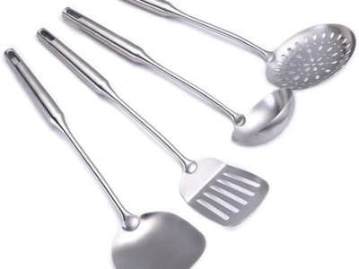 4-Piece Stainless Steel Cooking Utensil Set – Extra-Long Handles, Spatula, Ladle, Slotted Spoon, Slotted Spatula, for Wok & Grilling
