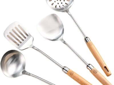 Stainless Steel Wok Spatula Set with Wooden Handles – Includes Spatula, Ladle, Slotted Spoon, Strainer