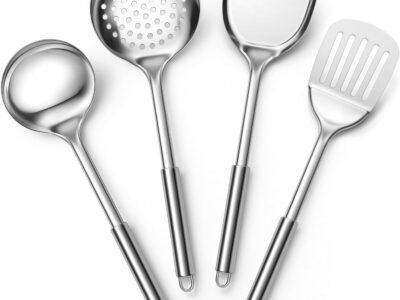 4-Piece Stainless Steel Cooking Utensil Set – Spatula, Ladle, Slotted Turner, Solid Turner, Skimmer, Heat Resistant
